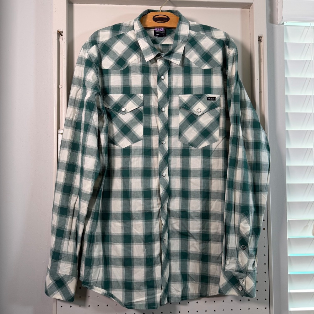 RVCA Button Up Western Shirt Men's Green Plaid Pearl Snap Long Sleeve Large Slim